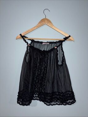 VINTAGE Babydoll Chemise Sheer Black Ruffle n Rosette mesh tank